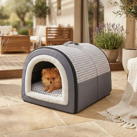 spitz nain couché dans niche pour chien intérieur bleu imperméable