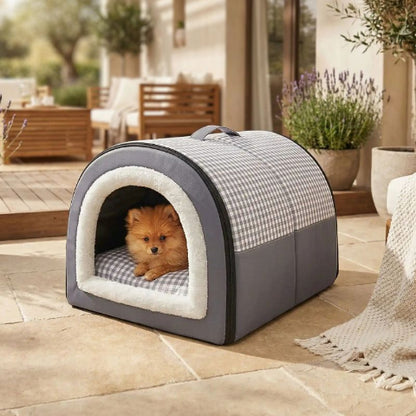 spitz nain couché dans niche pour chien intérieur bleu imperméable