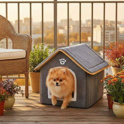 spitz nain dans niche d'intérieur pour chien choupi grise 
