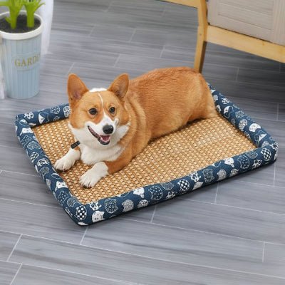 Corgi allongé sur tapis pour chien rafraichissant Rotini bleu rebord hydrofuge