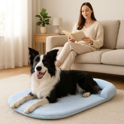 Border collie couché sur un tapis rafraichissant chien Frazi bleu en soie glacée
