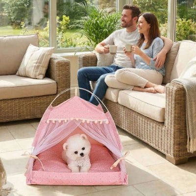 Caniche toy dans tente chien Coconelle rose antistress qui s'harmonise au décor