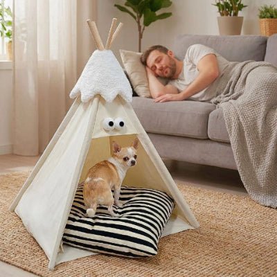 Chihuahua debout dans un tipi pour chien Coco design scandinave beige
