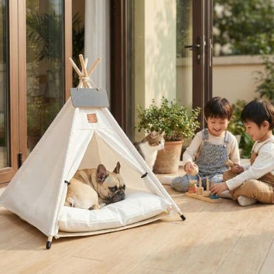 Bouledogue français couché dans un tipi pour chien Kaya blanc avec des enfants