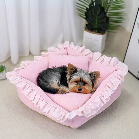 yorkshire couche dans couchage chien rose froufrou