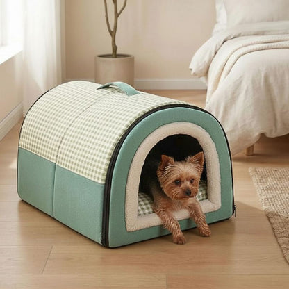yorkshire couché dans niche pour chien intérieur verte imperméable