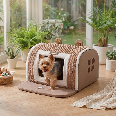 yorkshire dans niche d'intérieur pour chien pimous marron