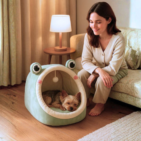 yorkshire endormi dans couchage pour chien vert coquino