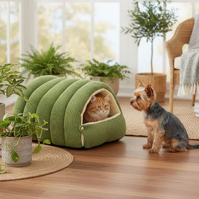 yorkshire terrier assis devant grotte pour chien vert mochi